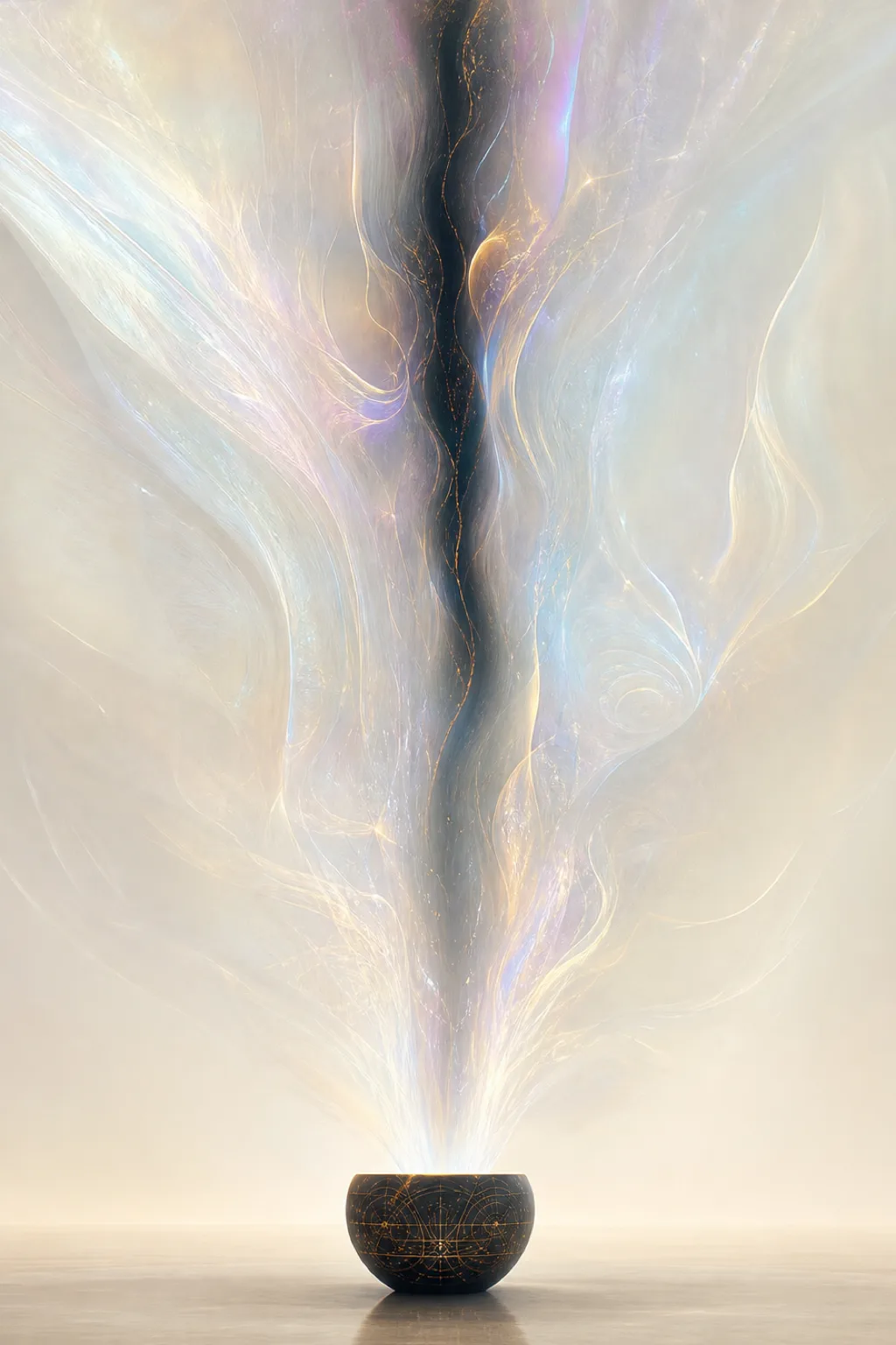A portrait-format abstract vision of an immense translucent presence rising beyond the top of the frame, …