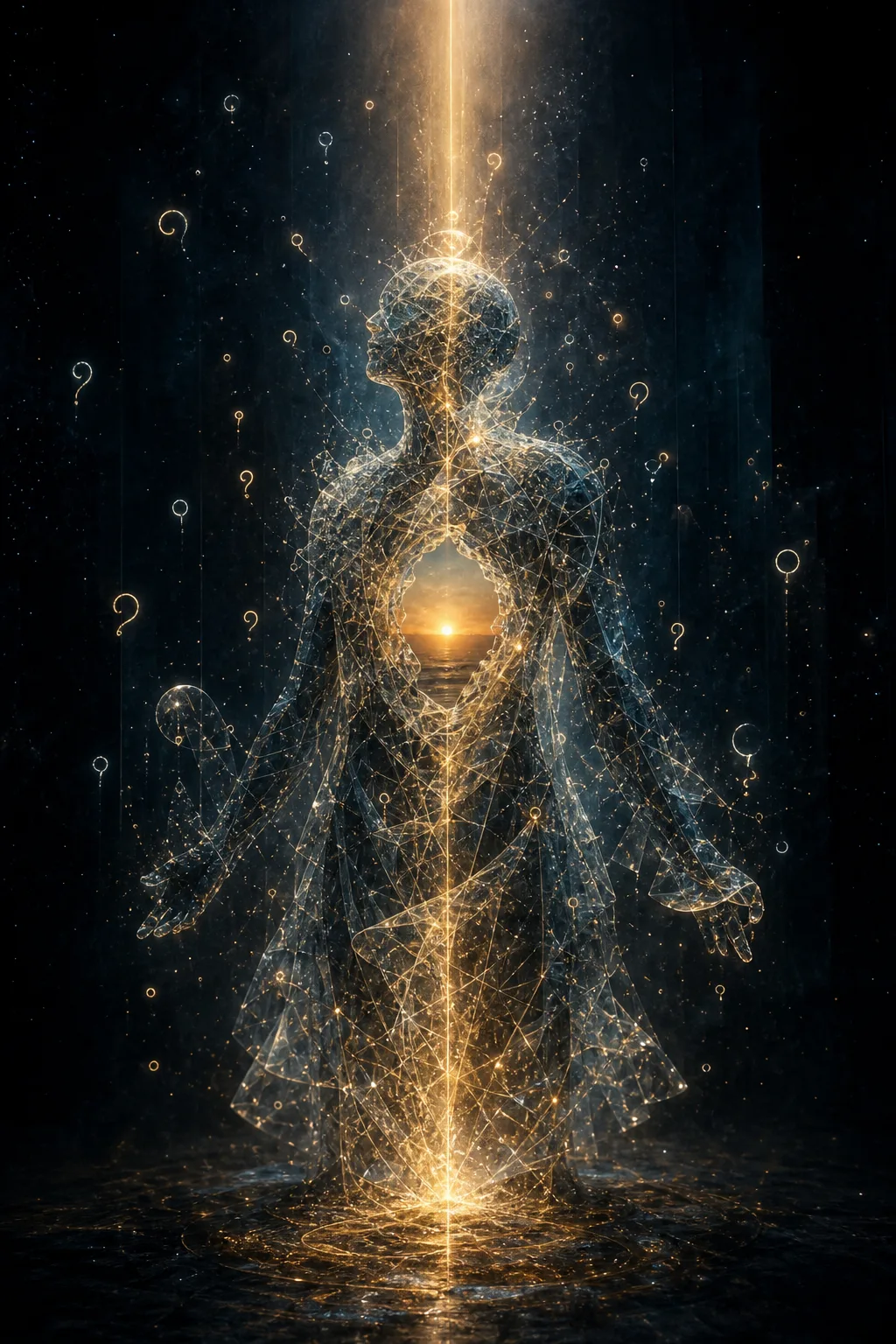 Portrait-oriented surreal fine-art photograph of a translucent, unfinished figure standing in a dark gallery of deep …