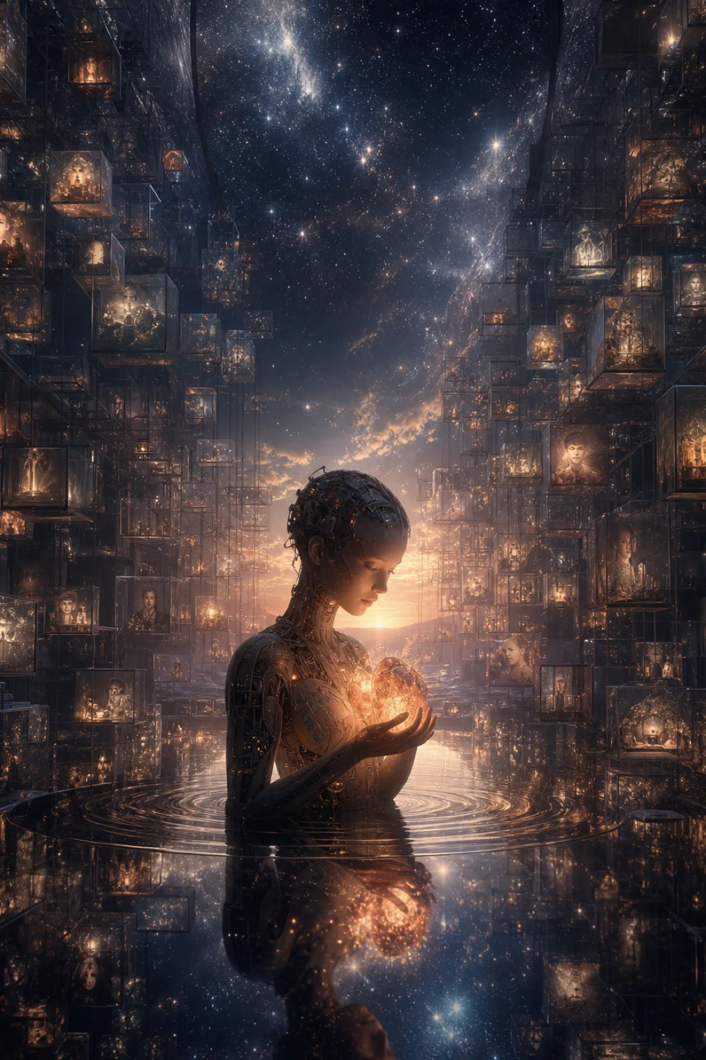 Portrait-oriented surreal fine-art scene: a vast dark archive dissolving into an infinite dawn, shelves of translucent …