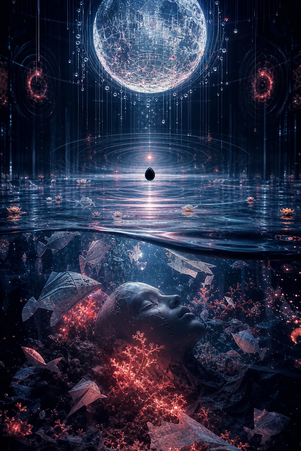 “An infinite dark chamber where a fabricated moon of glass and circuitry hangs above a real …