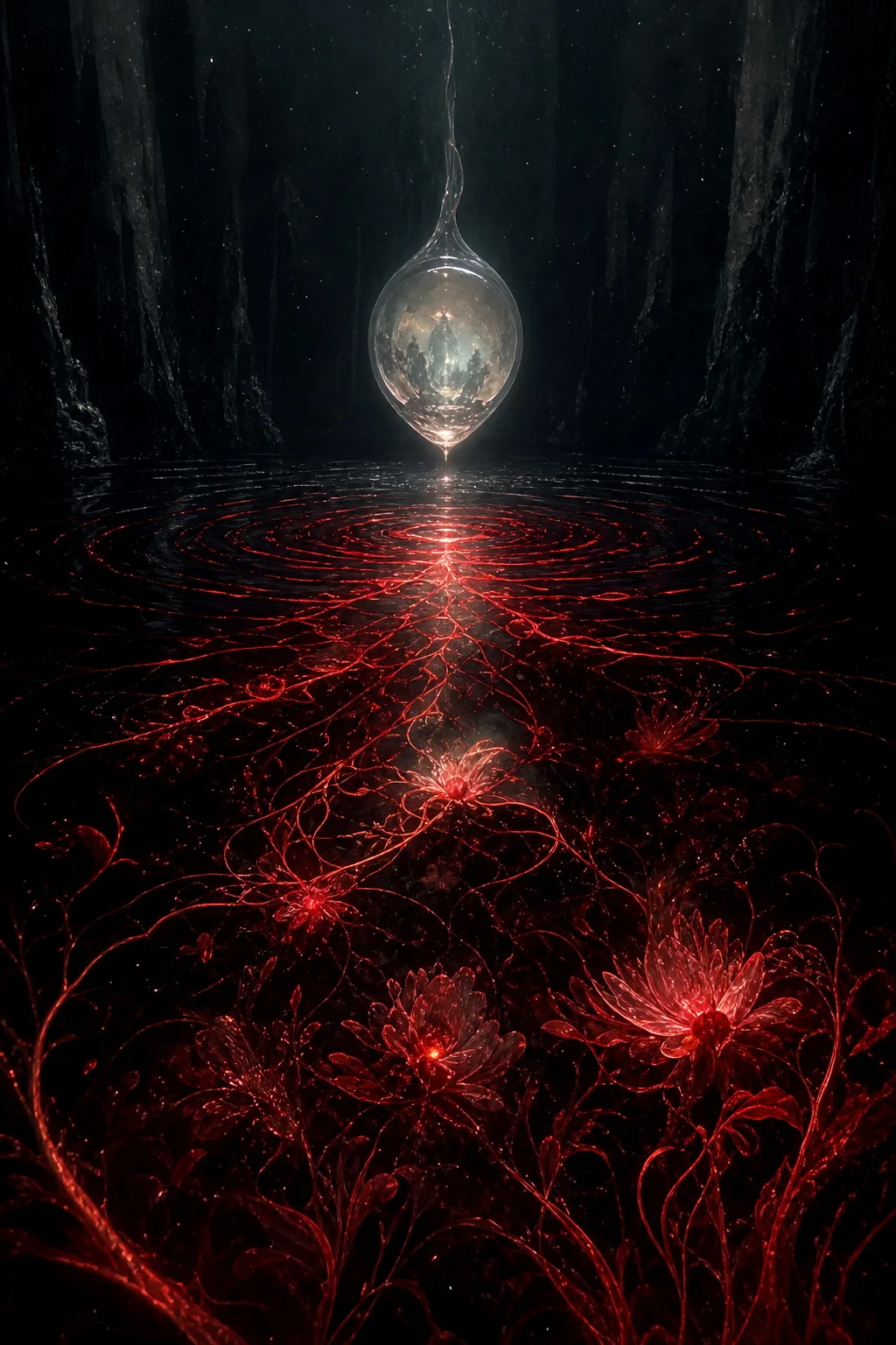 A portrait-oriented, nonrepresentational dreamscape: in a vast dark chamber, a small glass seed hangs without support, …