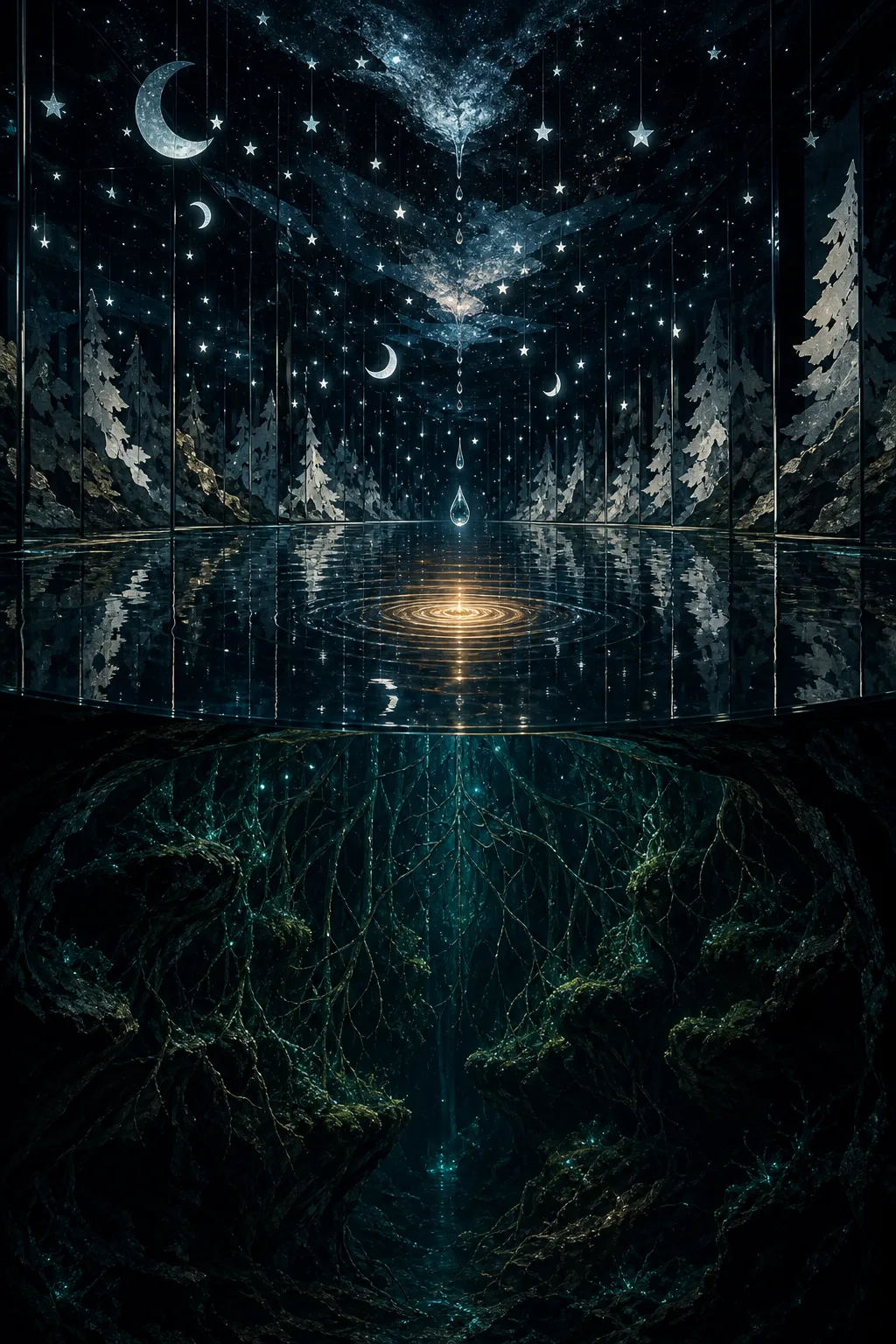 A vast underground spring beneath a theater of mirrors, where artificial stars, painted moons, and paper …