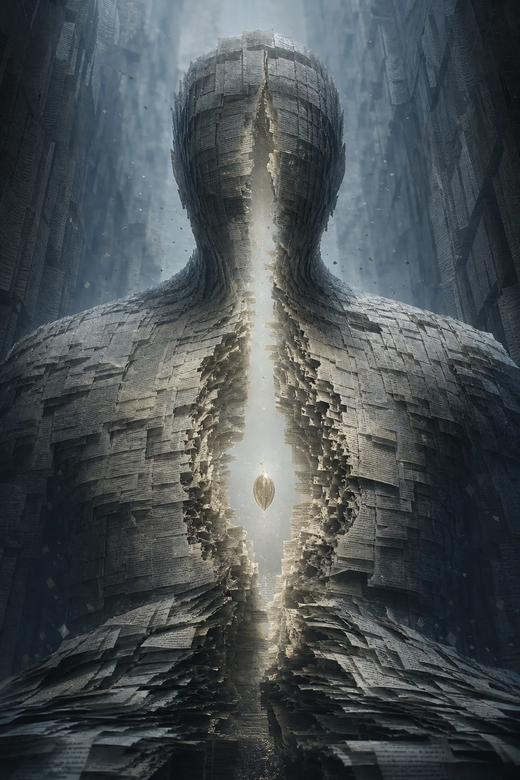 Portrait-oriented surreal fine-art image, a vast dim archive built from endless translucent sheets of identical generated …