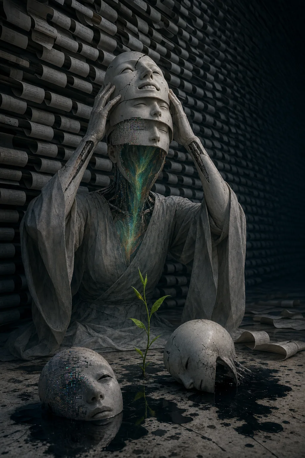 A portrait-oriented surreal editorial artwork: a luminous artificial oracle seated before an endless wall of its …