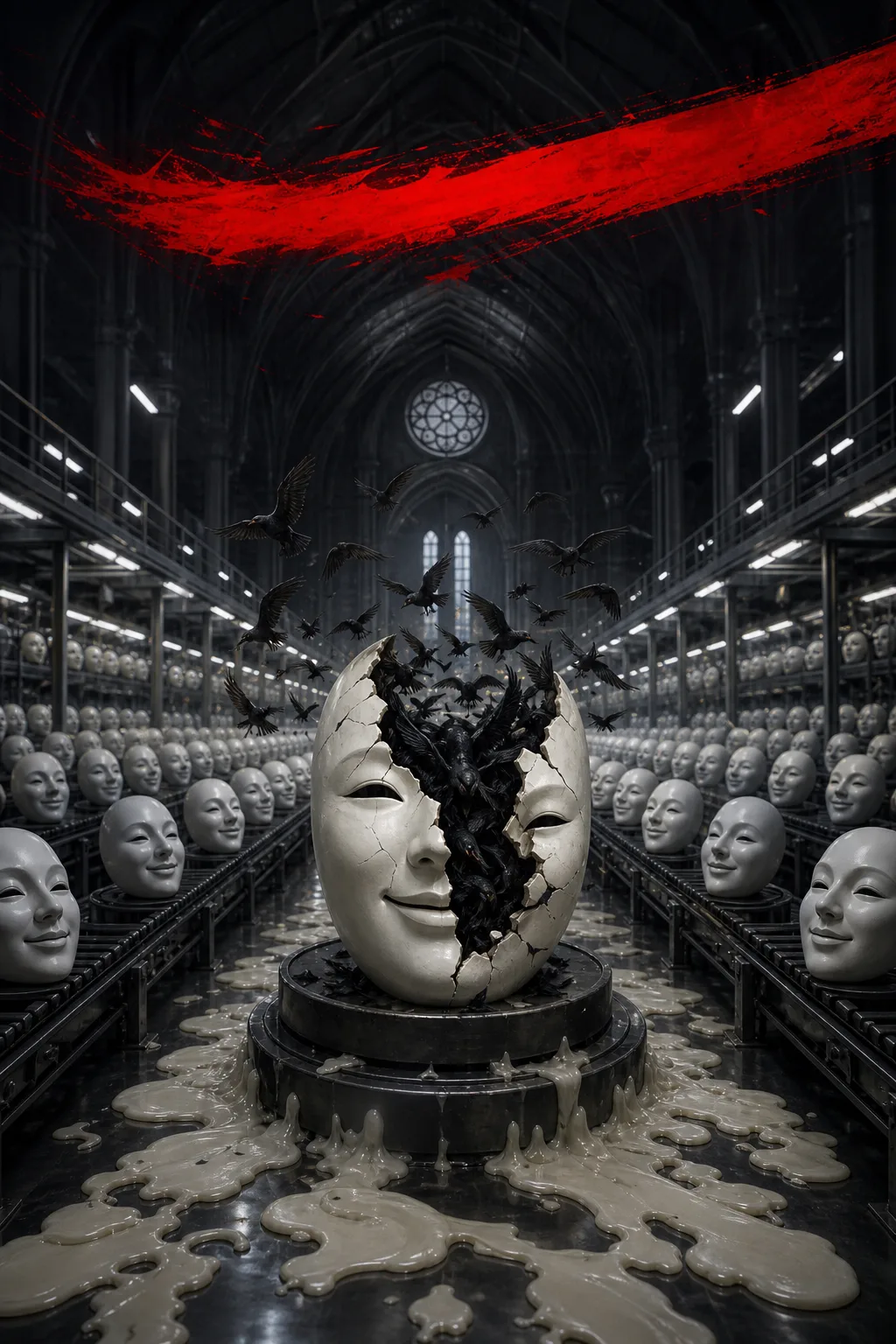 A pristine white mask factory in a dim cathedral, thousands of identical serene faces moving along …
