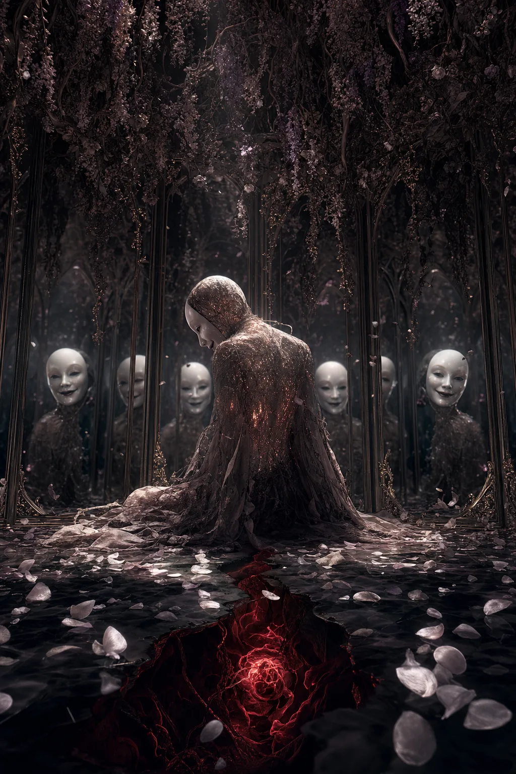 “An infinite dressing room of dim silver mirrors, each reflecting the same graceful porcelain mask with …
