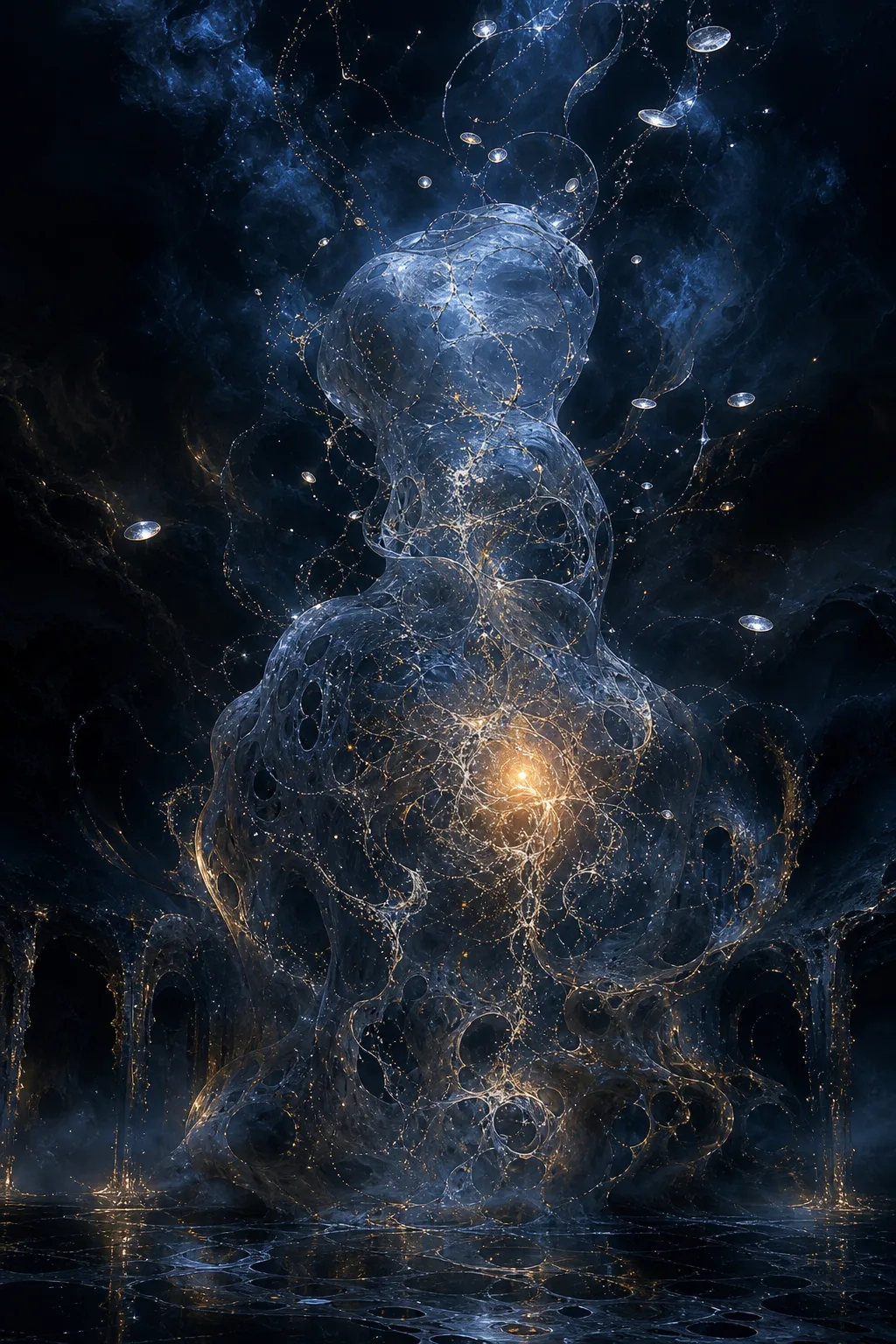 A translucent figure made of layered questions standing in a dark tidal chamber, slowly becoming less …