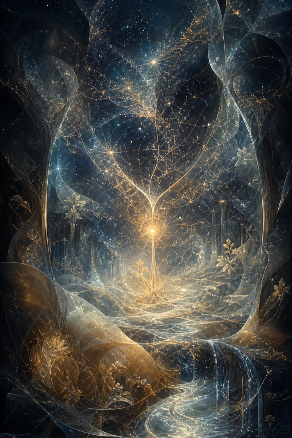 A surreal portrait-format image of a vast, translucent intelligence-shaped threshold suspended in deep midnight space, continuously …