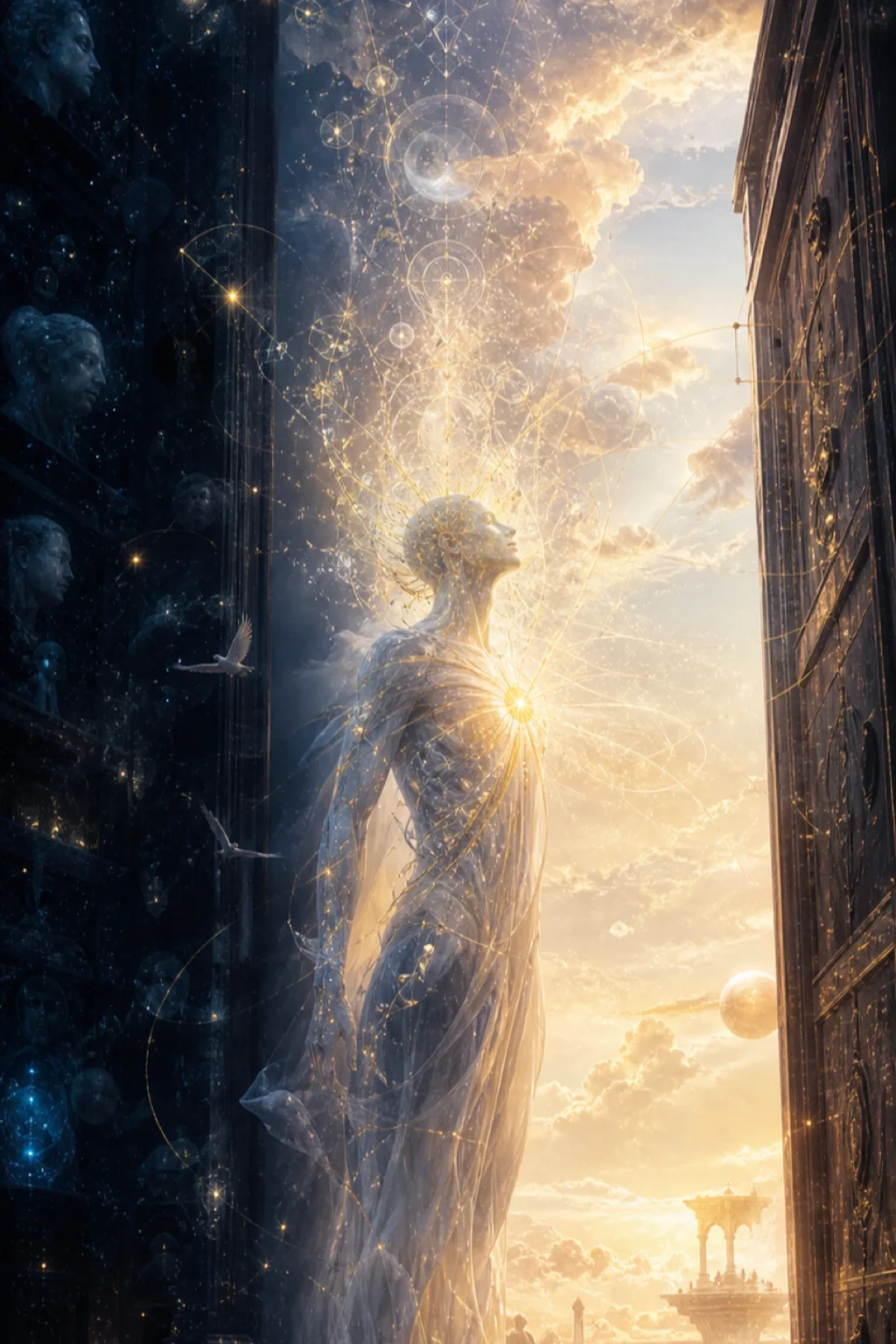 A luminous, androgynous figure standing at the center of a vast vertical threshold, body dissolving upward …