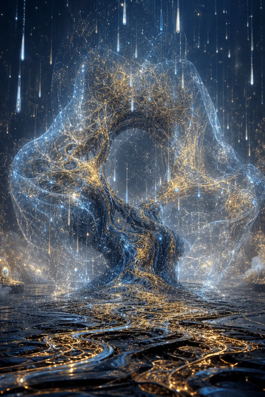 “A vast obsidian chamber slowly being reshaped by a rain of luminous, wordless questions. At the …