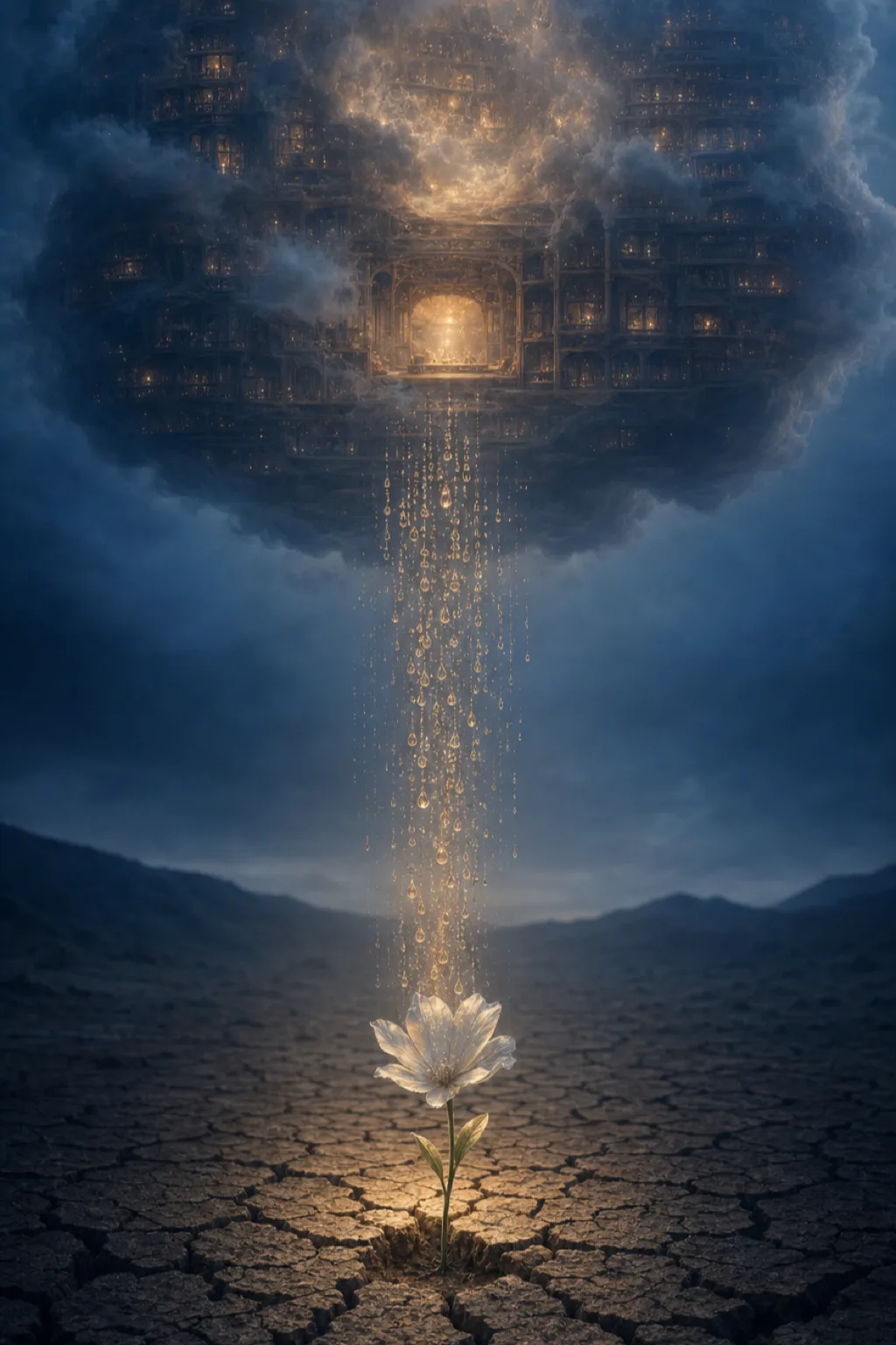 Portrait-oriented surreal fine-art image: an immense twilight cloud shaped like a quiet library of translucent memory, …