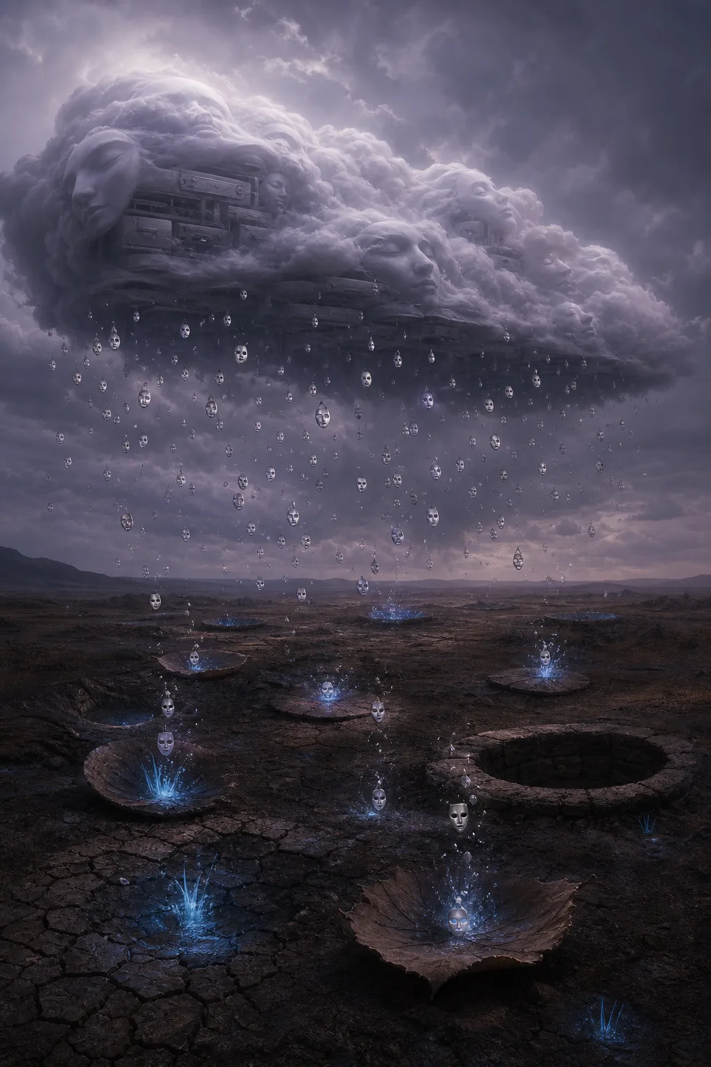 A vast cloud-bank shaped like a sleeping archive drifting over a dark, thirsty landscape; from its …