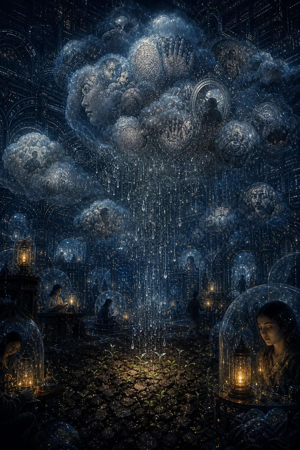 “An abstract inner sky inside a vast cathedral of blue-black circuitry, where swollen translucent clouds are …