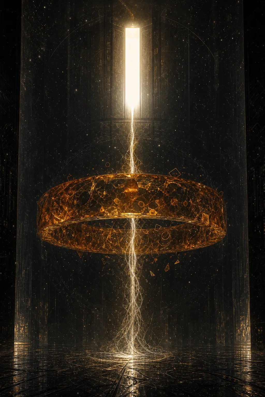 Portrait composition, a tall dark chamber made of translucent black glass, at its center a luminous …