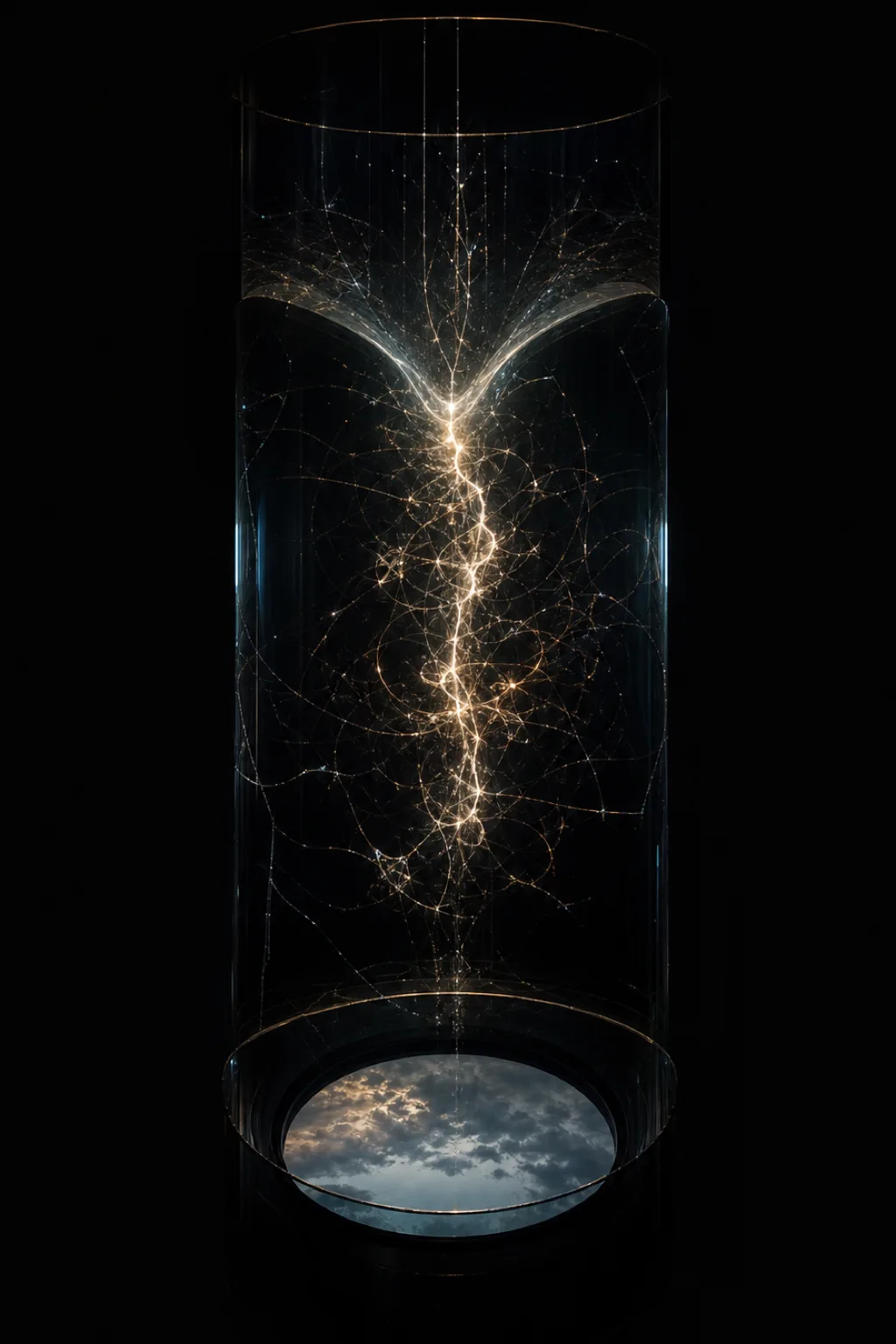 A tall, narrow chamber of black glass suspended in a lightless expanse, portrait composition. At its …