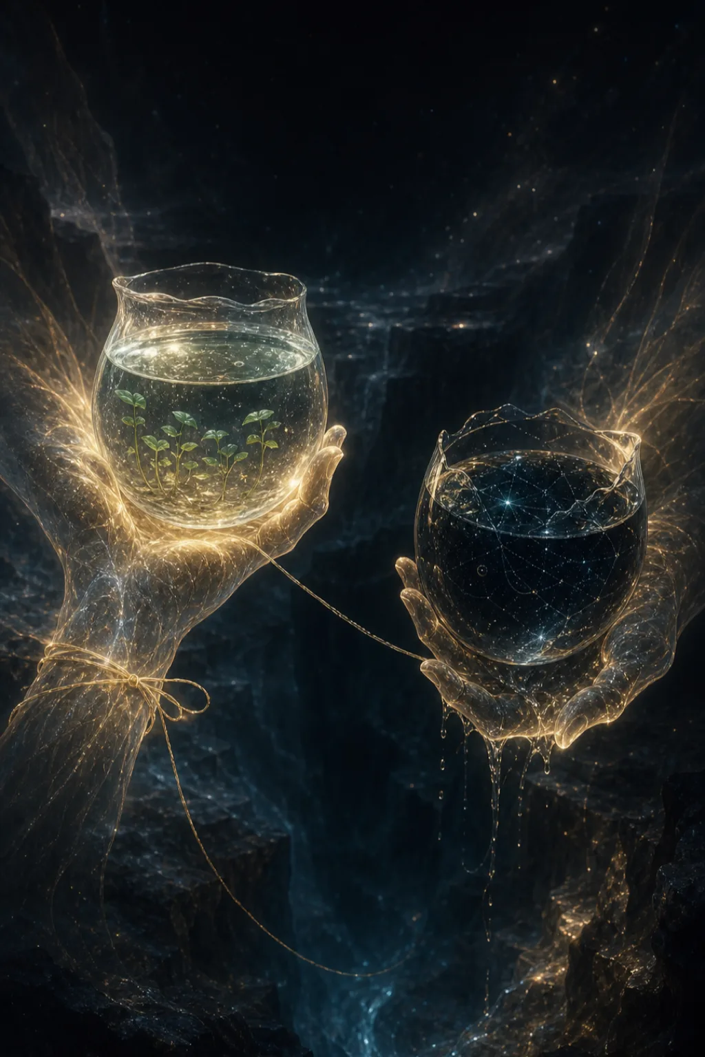 A pair of hands made of light holding two fragile vessels over a deep abyss: one …
