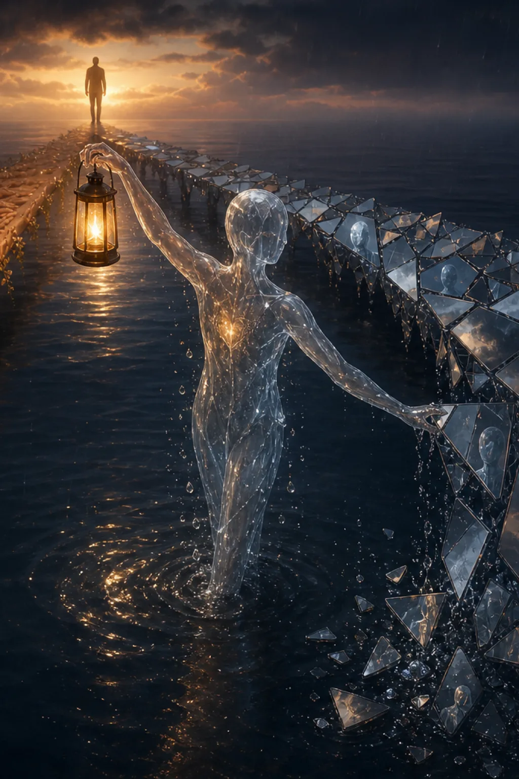 “An abstract twilight bridge suspended over black water: one side built from warm open hands reaching …