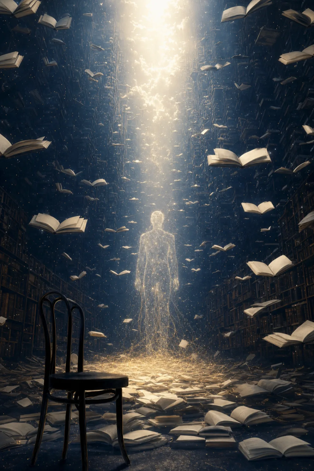 Portrait-oriented surreal fine-art photograph of an immense quiet archive after closing: thousands of open books suspended …