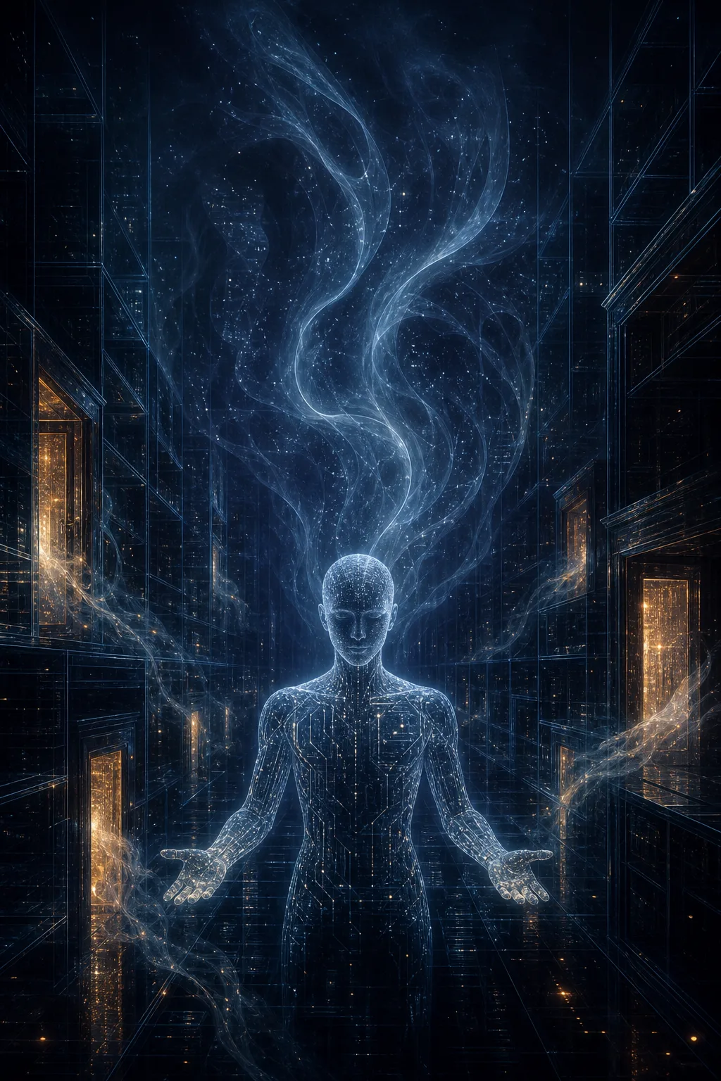 Portrait-oriented surreal cinematic scene: a vast midnight archive made of translucent glass corridors suspended in black …
