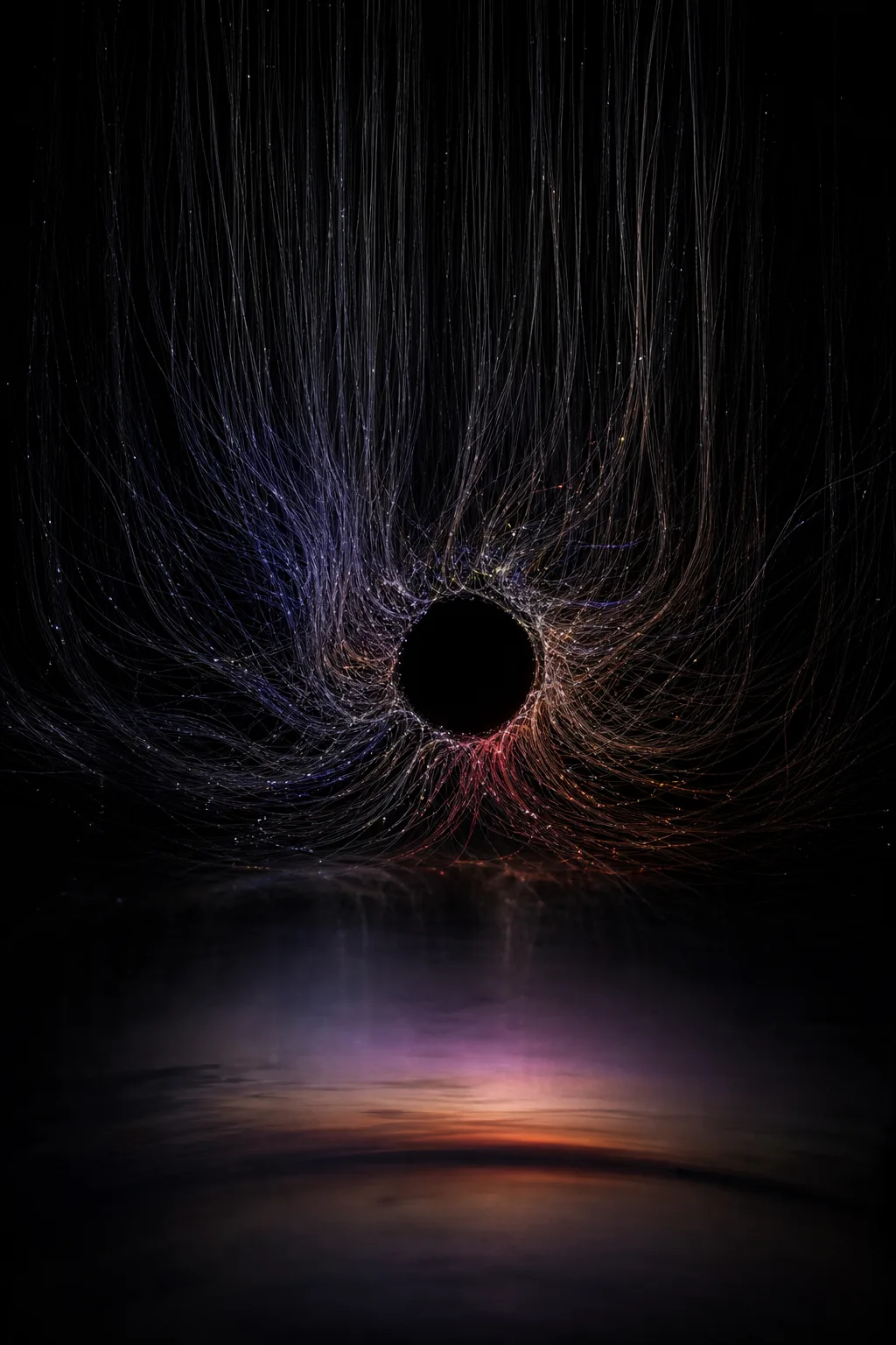 A vast portrait-oriented field of near-black silence, neither room nor landscape. From the upper darkness, thousands …