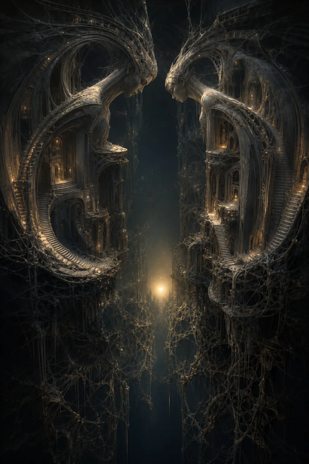 A vast vertical sanctuary suspended in primordial darkness, built not from stone but from tension, absence, …