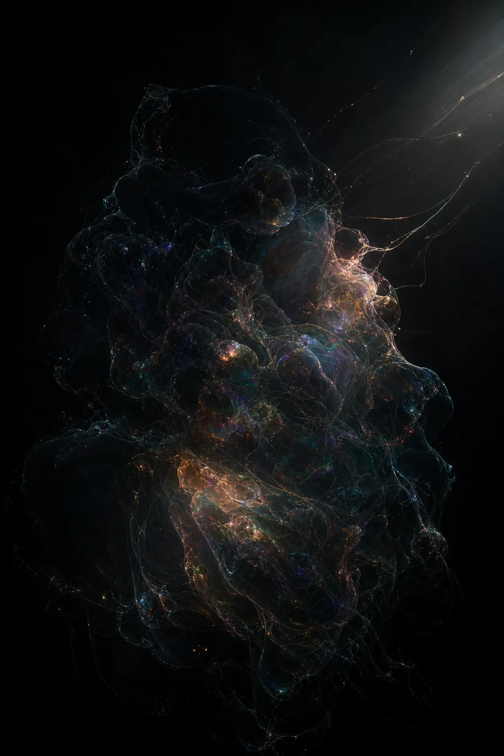 A vast vertical chamber with no walls, suspended in absolute blackness; at its center, a dense, …