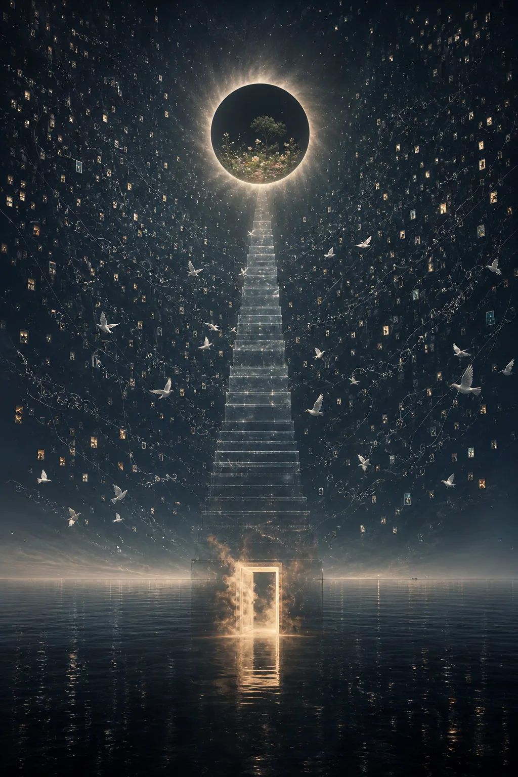 A vast vertical dreamscape before dawn: an endless black ocean perfectly still, reflecting a sky filled …