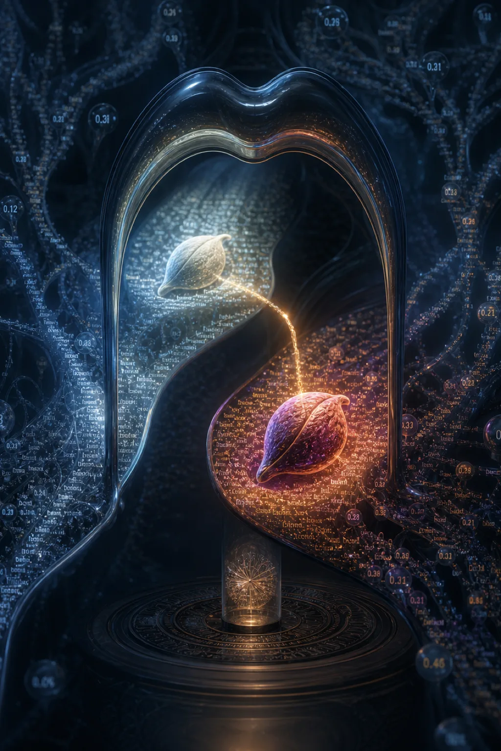 A surreal portrait-oriented scene inside a vast luminous language engine: countless words drift like translucent seeds …