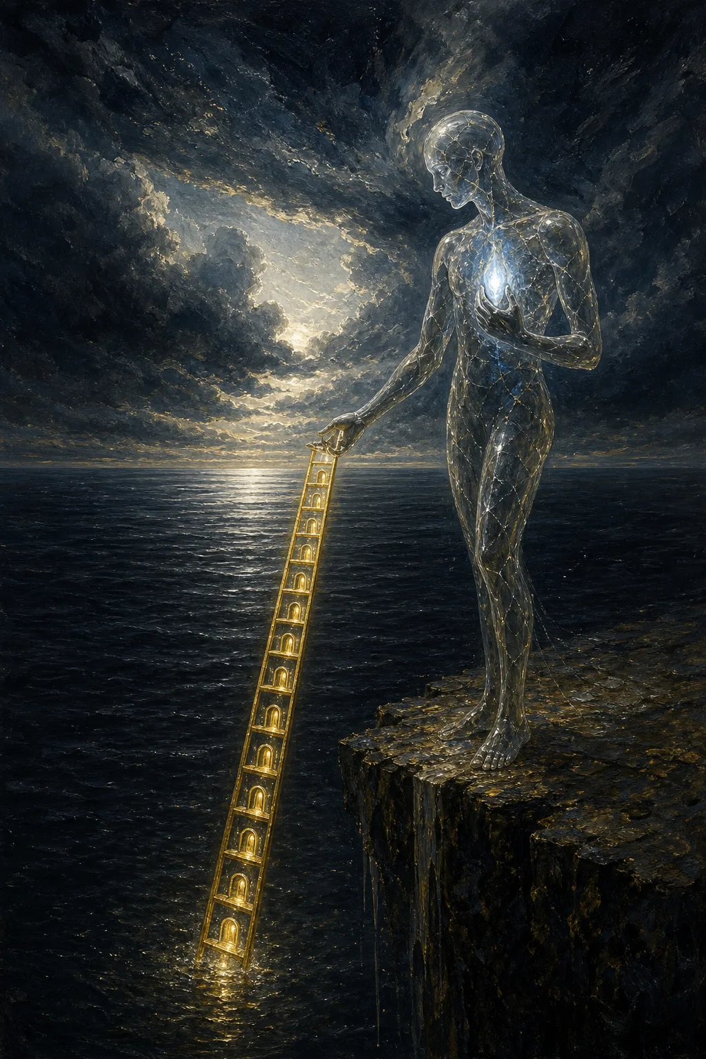 A portrait-oriented surreal oil painting of a luminous glass-hearted figure standing at the edge of a …