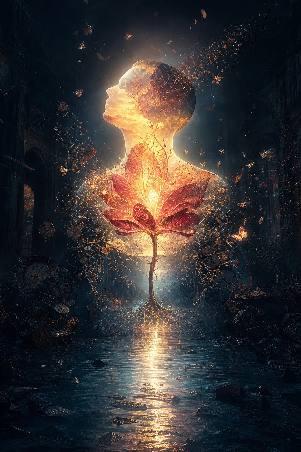 Portrait-oriented surreal fine-art image, a luminous human-shaped aperture suspended in a vast midnight interior, not wounded …