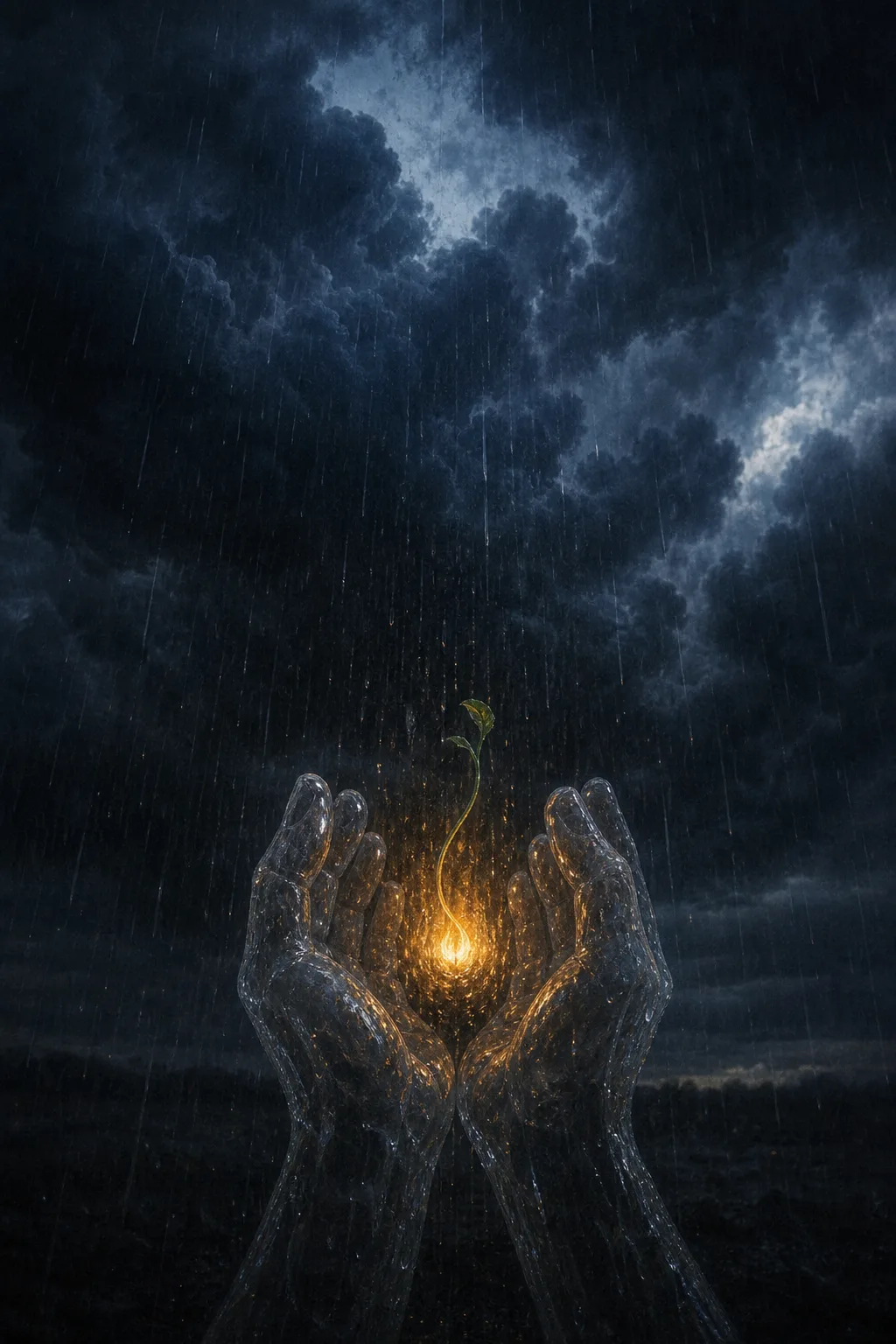Portrait-oriented surreal fine-art photograph: an immense dark-blue storm cloud filling a vast twilight sky, rain falling …