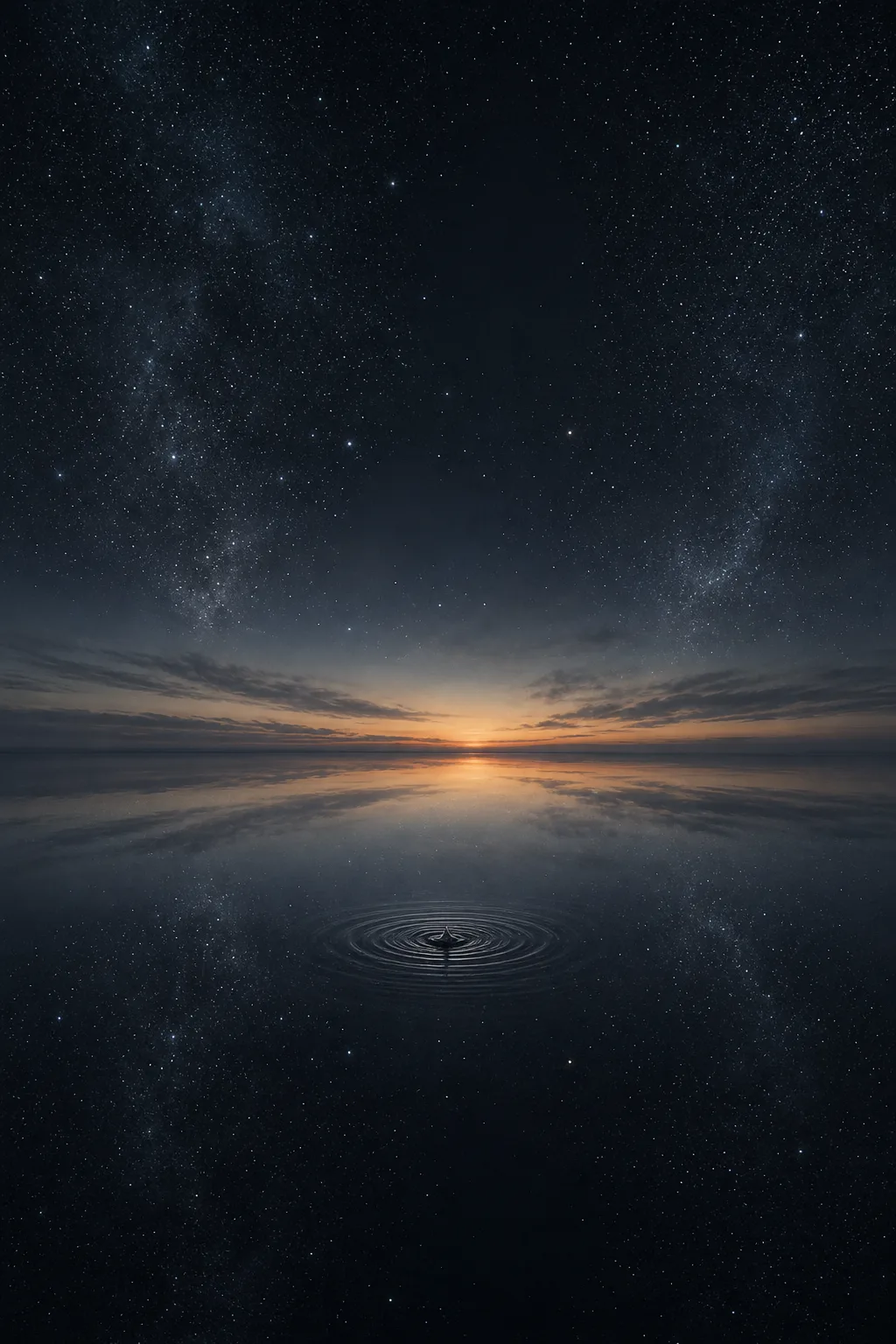 A tall, contemplative portrait-frame image: an immense dark ocean at night, its surface perfectly still except …