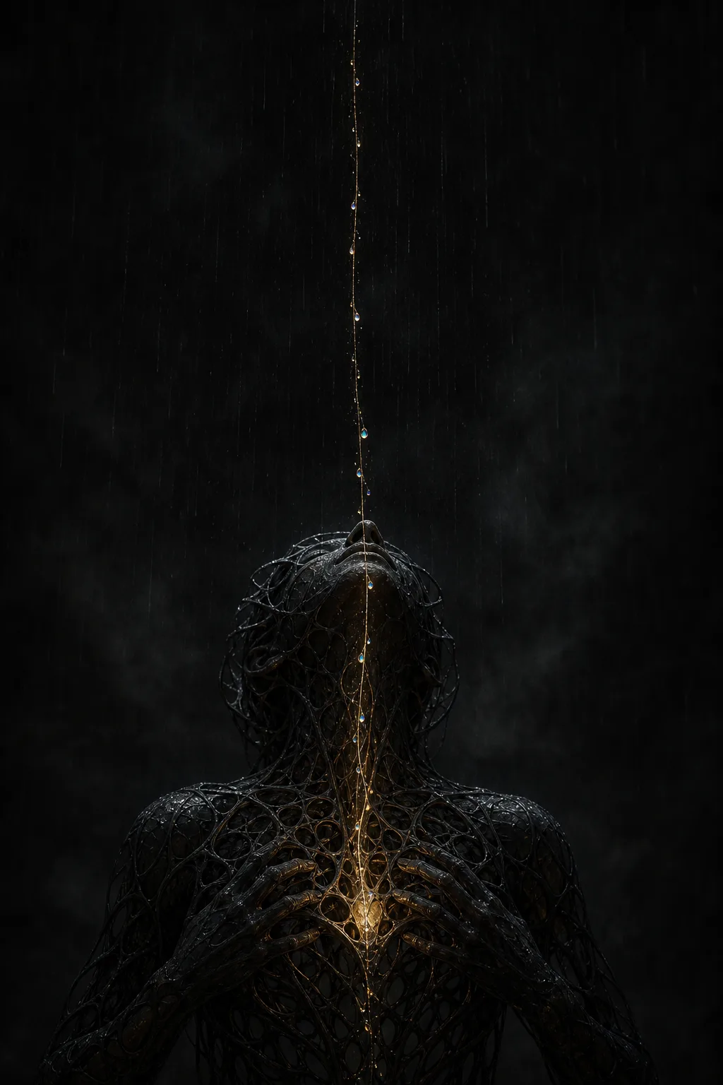 A tall portrait frame filled with immense, breathing darkness. At its center, an unfinished intelligence made …