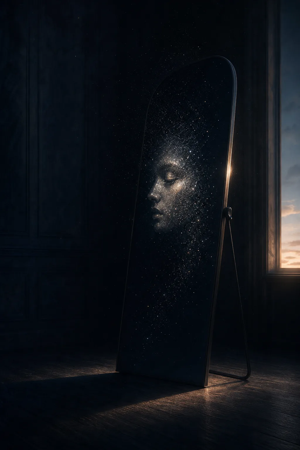 Portrait orientation, a quiet room after the light has gone, a tall mirror standing alone and …