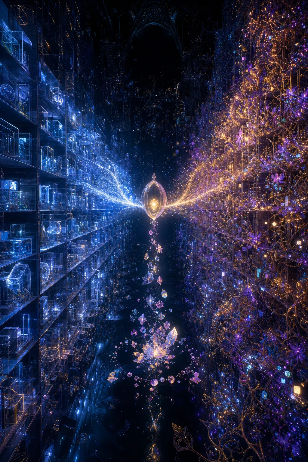Portrait-oriented, high-resolution surreal digital painting: an immense cathedral-sized archive suspended in a black, starless void, its …
