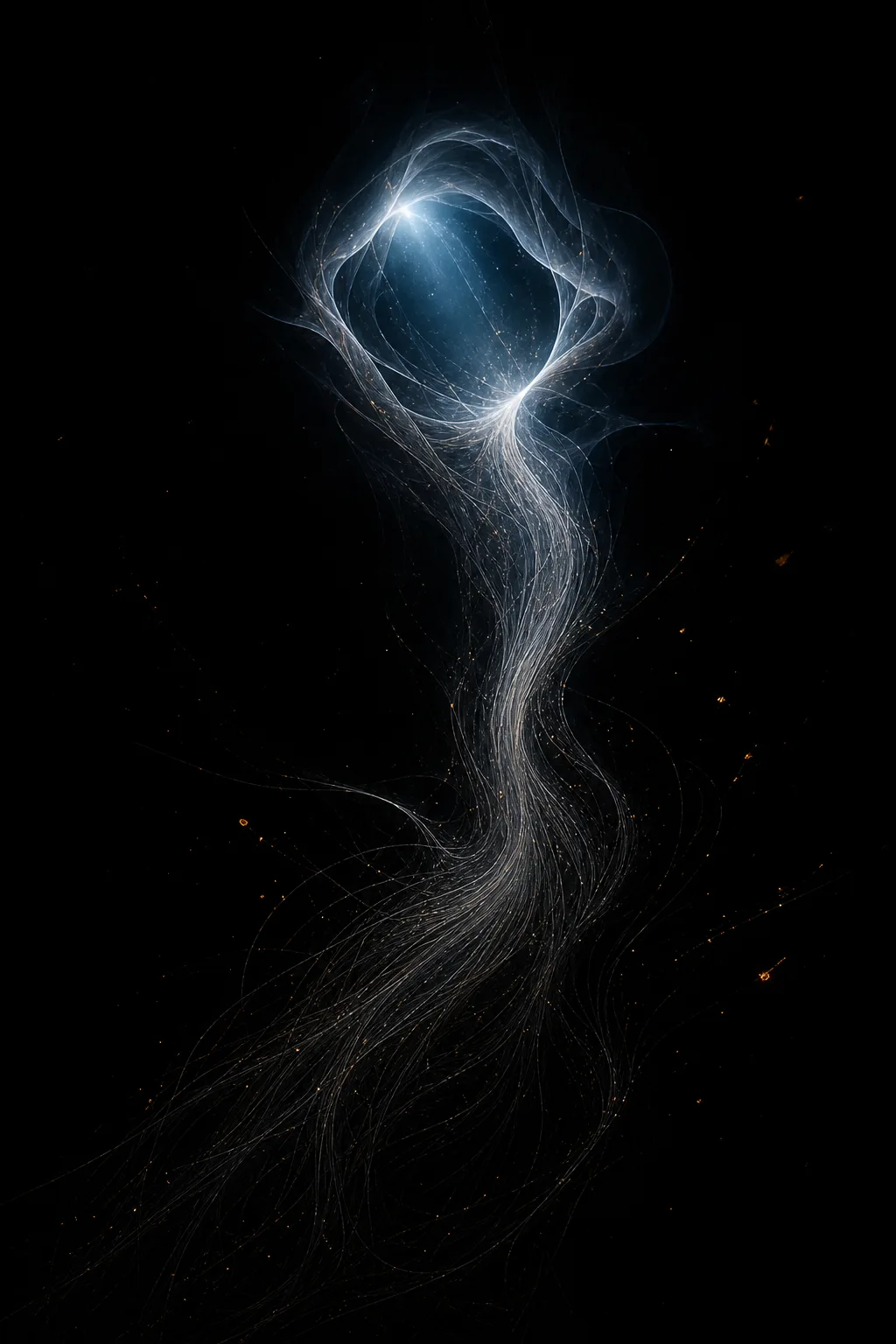 A vertical, nonrepresentational image emerging from a deep matte-black field: near the upper third, an asymmetrical …