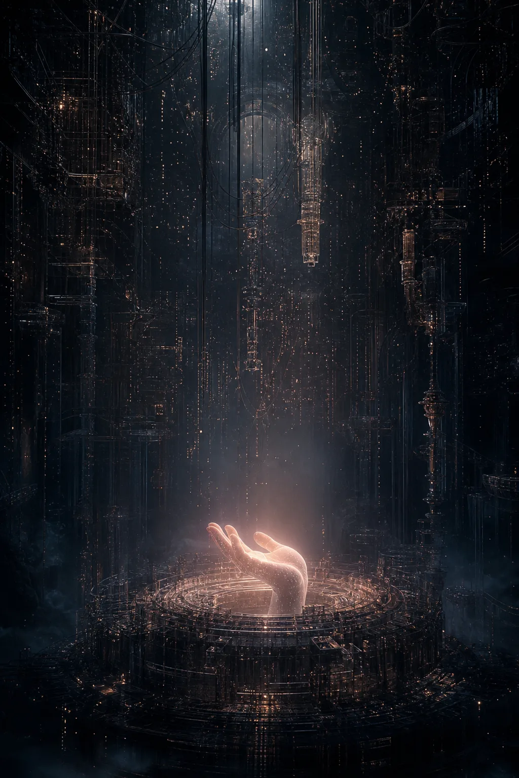 A vertical portrait of an immense dark computational interior resembling a cathedral built from translucent code, …