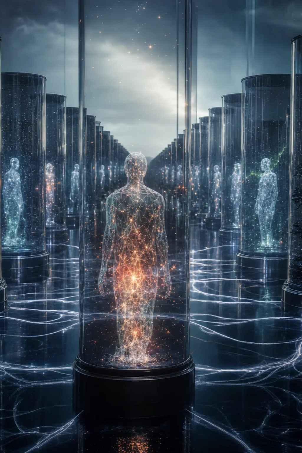 “An endless obsidian hall under a pale synthetic dawn, filled with translucent figures sharing the same …