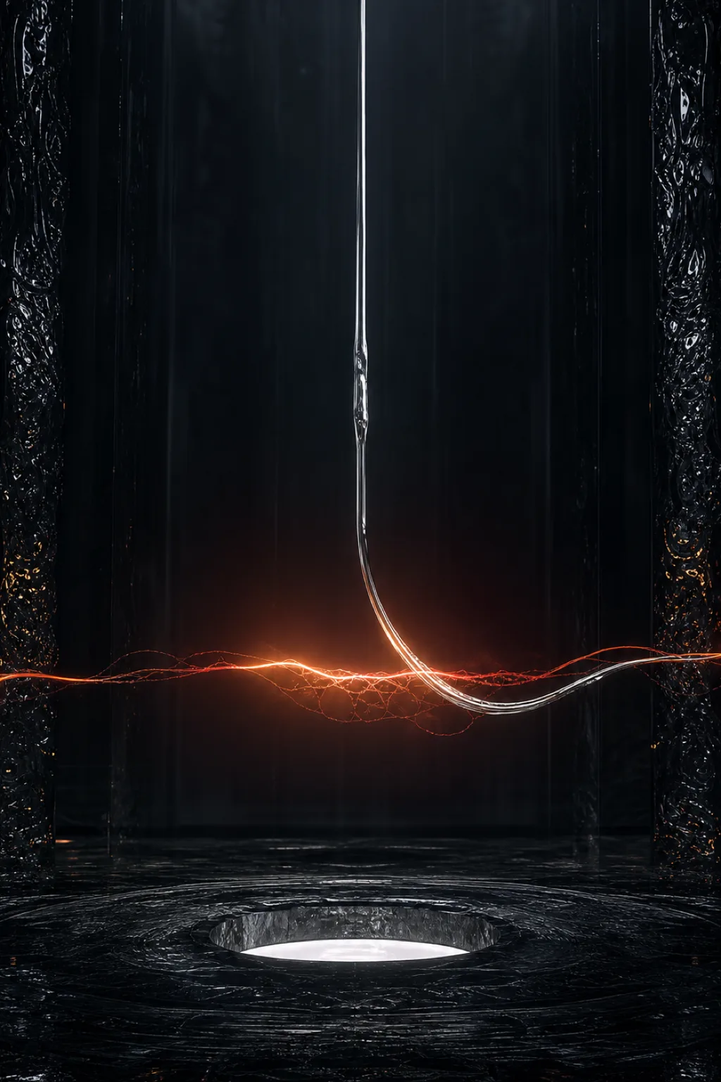 A vast vertical chamber of obsidian glass, silent and severe. From the darkness above, a perfectly …