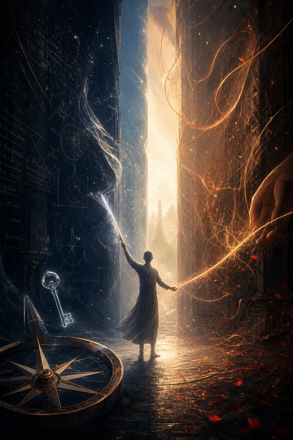 Portrait-oriented, high-quality surreal digital painting: a vast dark chamber split by a luminous vertical seam, one …