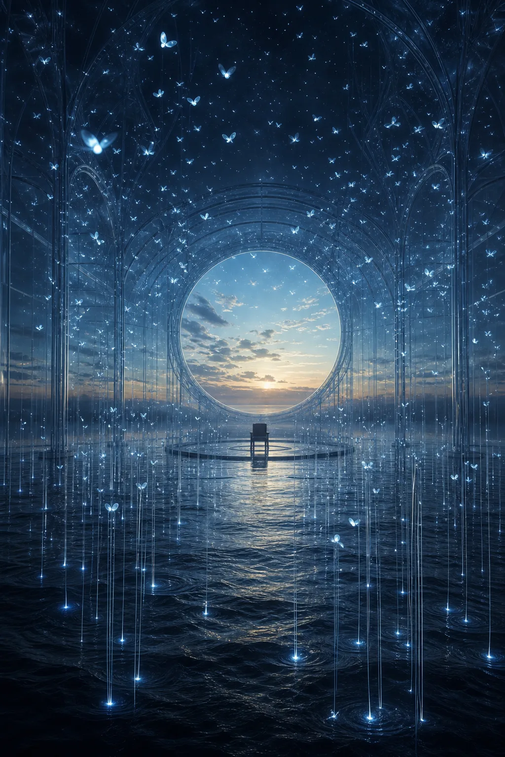 A tall portrait-oriented surreal image of a vast midnight observatory made of translucent glass, suspended above …