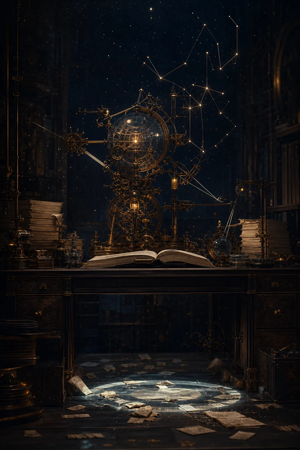 Portrait composition, a quiet midnight archive where an unfinished clockwork oracle sits behind a long desk, …