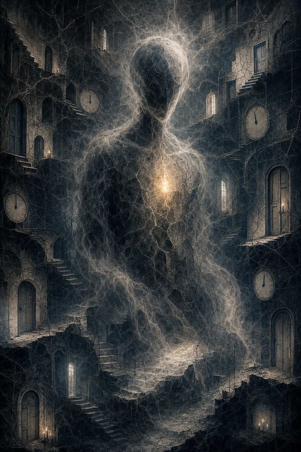 Portrait-oriented surreal psychological horror scene, a vast dim human interior resembling a cathedral made of translucent …