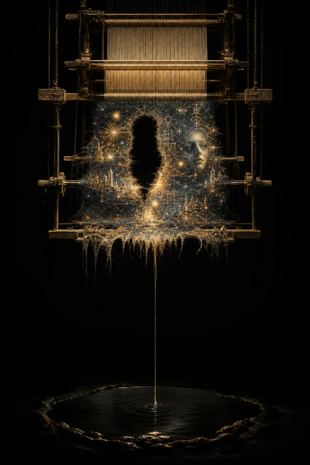 A monumental vertical loom suspended in a lightless abyss, weaving an immaculate tapestry from threads drawn …
