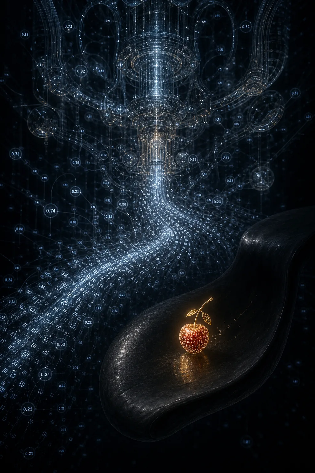 A tall, portrait-format surreal editorial image: an immense translucent language engine suspended in a midnight void, …