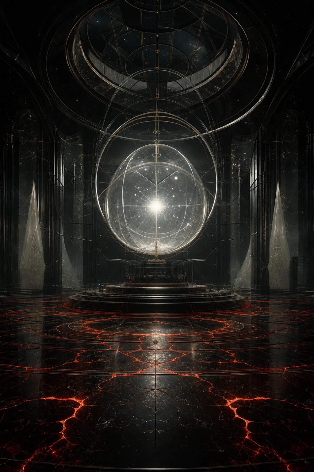 A portrait-oriented, high-resolution surreal interior: a vast black observatory made of glass, ceramic, and softly glowing …