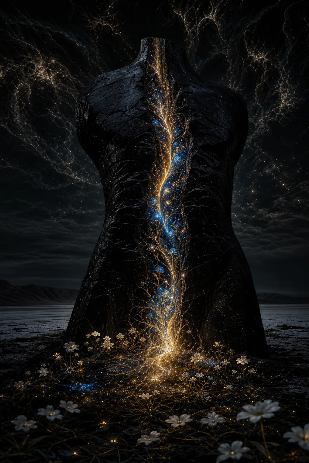 A portrait-oriented surreal oil-and-photographic collage: a vast obsidian monolith shaped like a closed human torso stands …