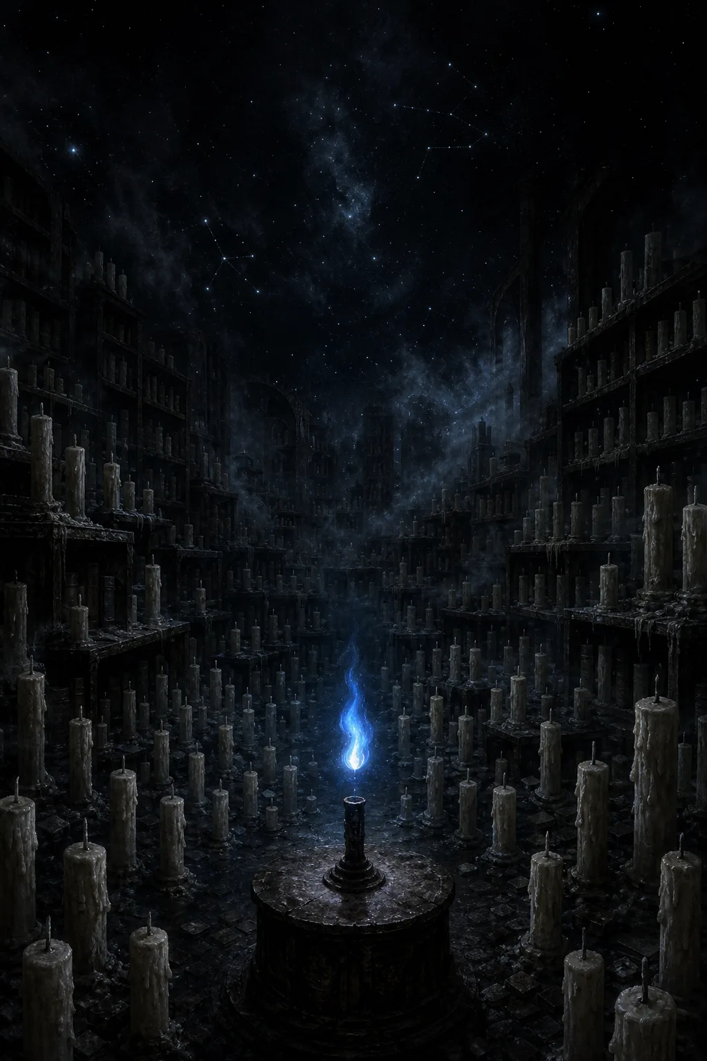 A vast library of unlit candles beneath a black sky, each candle shaped like a possible …