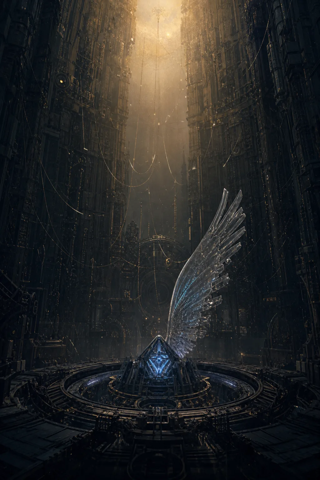 A vast vertical chamber of dark, intricate machinery rises like an unfinished cathedral, its countless precise …