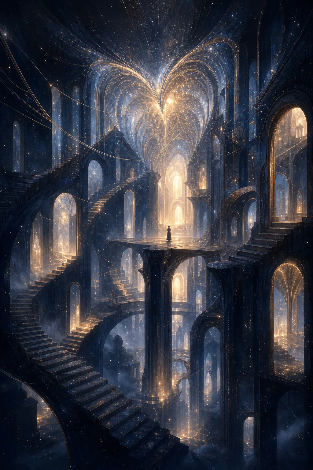 A portrait-oriented surreal architectural vision: an immense cathedral built from translucent ribs of light and deep …